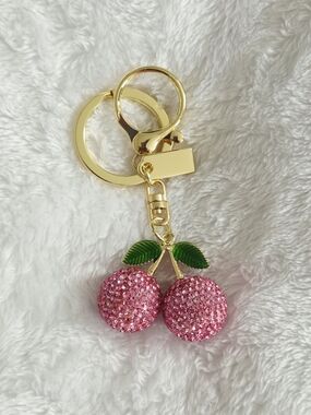 Pink Cherry Rhinestone Keychain - Gold Hardware Bling Bag Charm